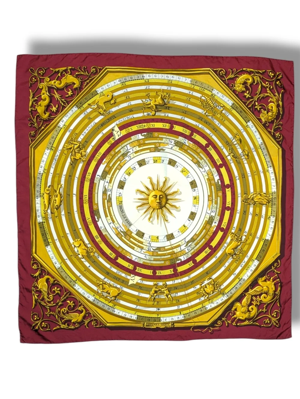 Hermēs Astrologie Dies et Hore Carre 90 Silk Maroon Gold Scarf 87x87 cm With Box